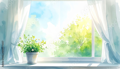 窓辺に置かれた観葉植物と柔らかな光が差し込むカーテンの水彩画風背景素材