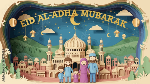 3D Paper Cut Eid al-Adha Mubarak Greeting,  Layered Islamic Holiday Celebration Art