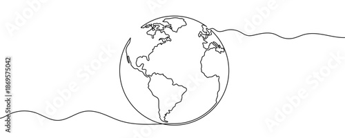 Planet Earth showing outlines of continents, including the Americas and Africa. Symbol of globalization, environment, travel, or world community in one line art style with editable black stroke. Vecto