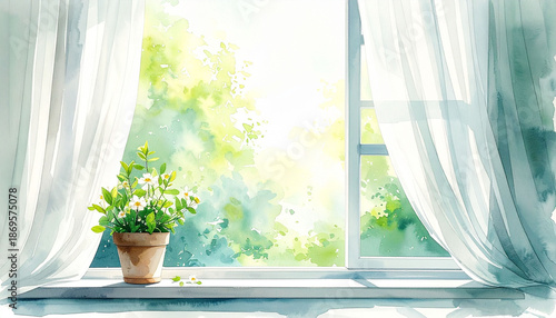 窓辺に置かれた観葉植物と柔らかな光が差し込むカーテンの水彩画風背景素材