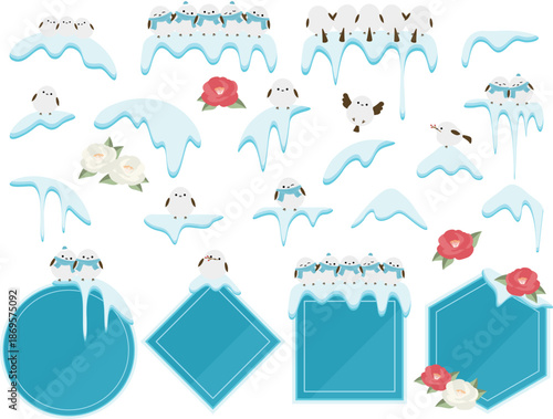 雪の積もったフレームとシマエナガの装飾セット　ブルー