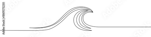 Large ocean wave curling into a crest. Symbol of water, sea, travel, dynamics, or natural force in one line art style with editable black stroke. Vector illustration.