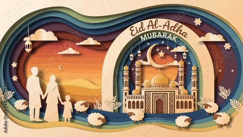 3D Paper Cut Eid al-Adha Mubarak Greeting,  Layered Islamic Holiday Celebration Art