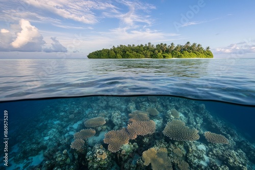 Under and Over Water Split View of a Lush Tropical Island and Vibrant Coral Reef in the Maldives