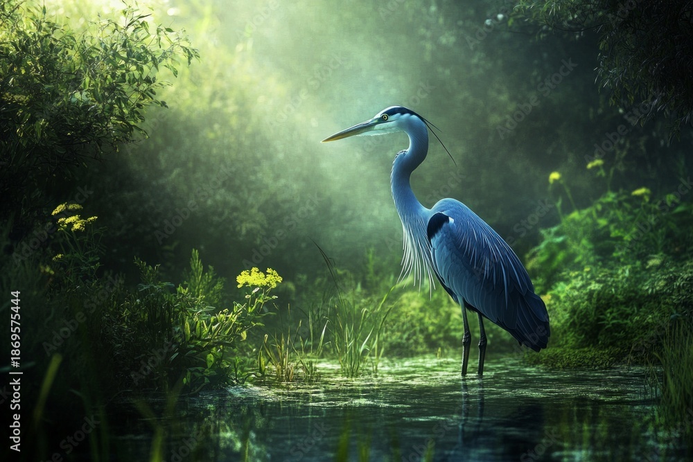 Naklejka premium Ethereal Great Blue Heron in Misty Morning Forest