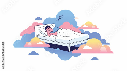 Man sleeping peacefully on a comfortable mattress surrounded by clouds.