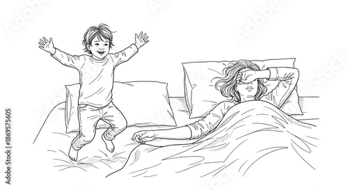 Energetic child waking tired mother in black and white sketch