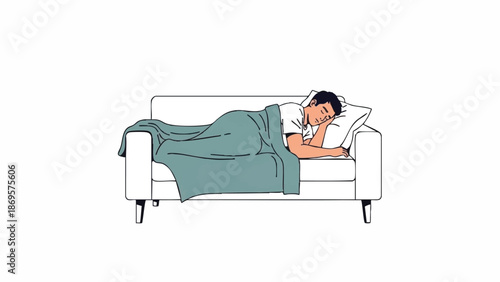 Man sleeping peacefully on a comfortable couch covered with a blanket.