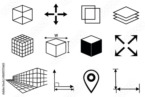 Line art geometric elements set featuring cubes, layers, and dimension symbols for user interface design