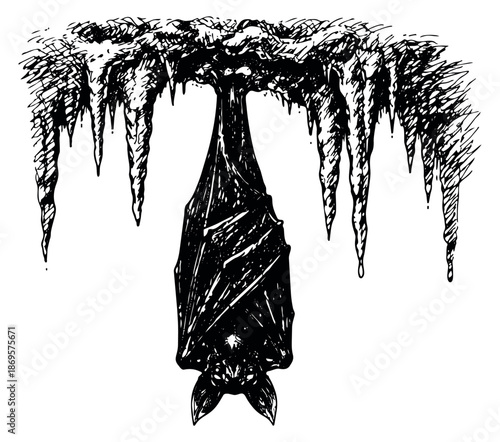 Hand drawn illustration of a bat depicting it hanging upside down for nature concepts