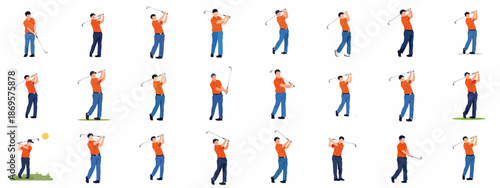 Vector illustration set detailing the sequential phases of a professional male golfer's full swing from setup to follow-through, isolated on white.