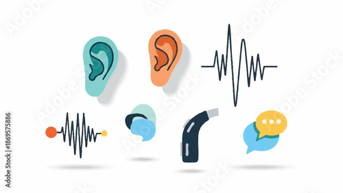 Collection of Hearing Aids and Sound Waves Icons.