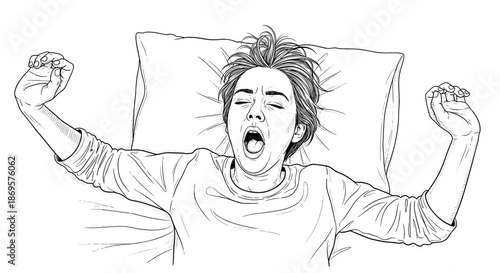 Young man yawning and stretching in bed in black and white sketch