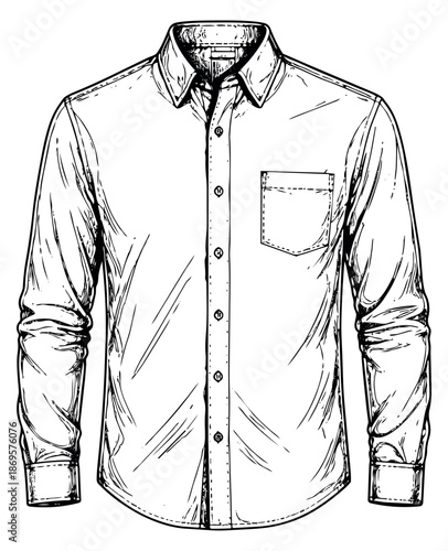 Hand drawn line art illustration of a men's dress shirt depicting a classic garment for fashion design
