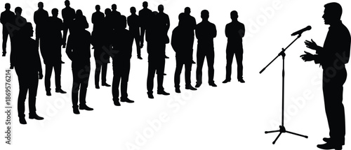 Business speaker addressing audience, public speaking silhouette, leadership presentation concept, corporate communication seminar illustration vector professional conference motivation training event