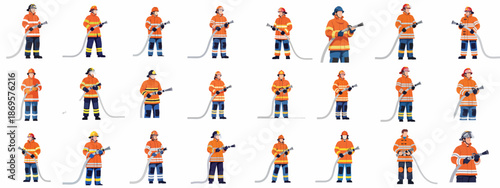 Vector Set of Professional Firefighters in Safety Uniforms Holding Fire Hoses Ready for Emergency and Rescue Operations.