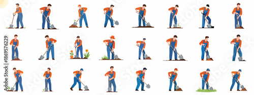 Farmer or Gardener Character Vector Illustration Set: Man in Overalls Digging, Shoveling, and Planting Seeds for Agriculture and Horticulture Work.