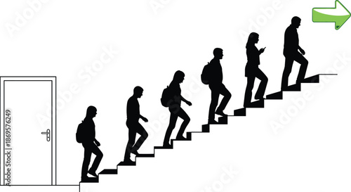 Career progression silhouette people climbing stairs, success growth direction arrow business motivation leadership development concept illustration vector path goal achievement