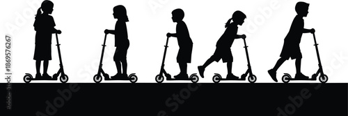 Children riding scooters, kids scooter progression silhouette, outdoor play movement sequence illustration vector childhood balance learning stages activity education fun