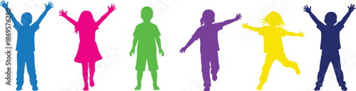 Colorful kids silhouettes jumping and playing, happy children activity illustration isolated on white background vector design, set, fun, energy, motion