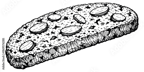 Hand drawn line art illustration of biscotti depicting crunchy texture and almonds for food and bakery concepts
