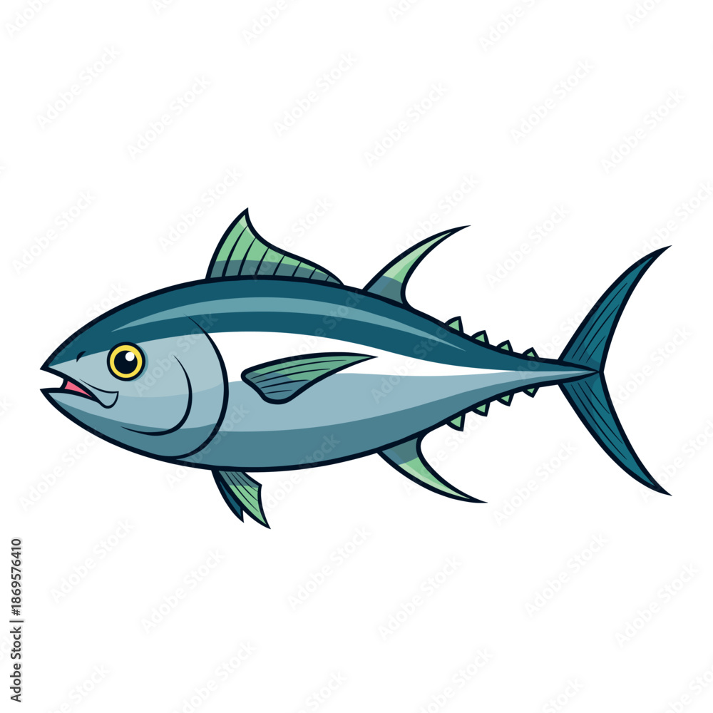 Obraz premium এসইও-ফ্রেন্ডলি টাইটেল (SEO-Friendly Title): Cute cartoon vector illustration of a sleek blue tuna fish with yellow eyes and sharp fins isolated on a white background.