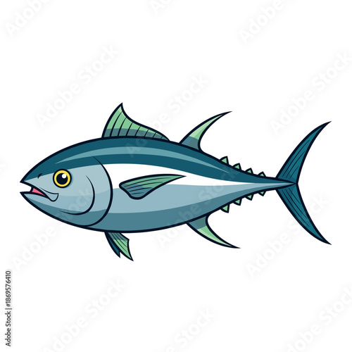 এসইও-ফ্রেন্ডলি টাইটেল (SEO-Friendly Title): Cute cartoon vector illustration of a sleek blue tuna fish with yellow eyes and sharp fins isolated on a white background.