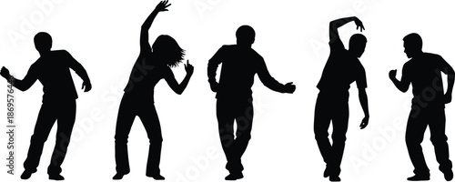 Dancing people silhouettes vector set, men and women dance poses isolated on white background music party celebration illustration