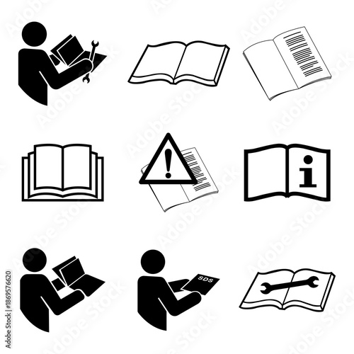 Refer Instruction Manual Booklet Black Icon Set Symbol Sign,Vector Illustration, Isolated On White Background Label.EPS10