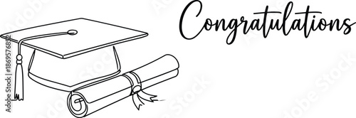 Graduation cap and diploma with congratulations text, minimalist line art illustration for education success, achievement celebration, academic milestone design