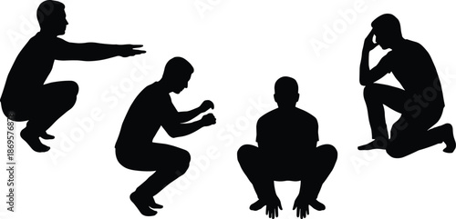 Male human body posture silhouettes showing squatting thinking resting stress emotions fitness movement concept isolated on white background illustration