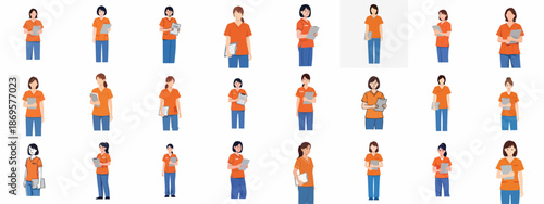 Collection of 24 diverse female medical staff illustrations in orange scrubs holding clipboards, depicting nurses, doctors, or healthcare professionals in various poses.