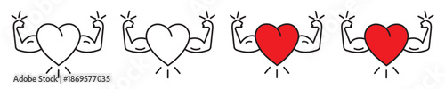 Strong and healthy heart icon set in linear and solid color styles isolated on transparent background. Symbols representing cardiovascular health, active lifestyle, fitness, wellness, medical care. 