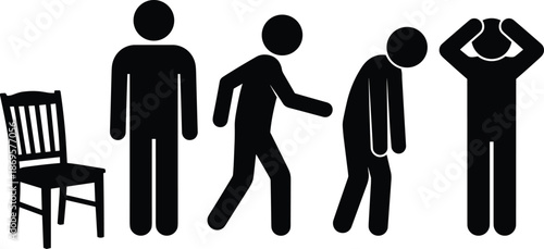 Human posture behavior progression silhouette illustration showing emotions stress fatigue frustration body language concept isolated on white background