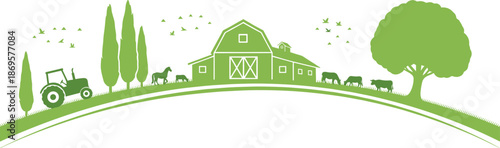 Green countryside farm landscape illustration with barn tractor trees animals eco agriculture rural nature scenery vector background design