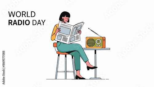 Woman Reading Newspaper Next to Vintage Radio Celebrating World Radio Day.