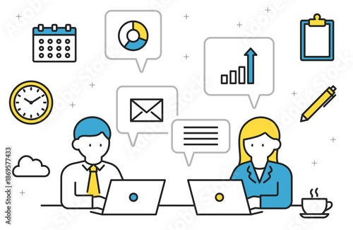 パソコンで仕事をする男女とビジネスアイコンのセット（線幅変更可能・カラー）	