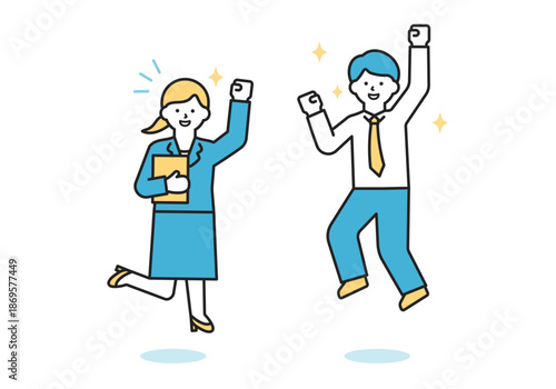 笑顔でジャンプするビジネスパーソン・やる気に満ちた会社員の男女（線幅変更可能・カラー）