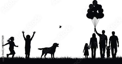 Happy family silhouette with children dog and balloons, outdoor leisure concept illustration isolated on white background vector design