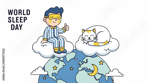 World Sleep Day illustration with boy and cat resting on clouds above Earth.