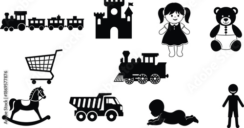 Kids toys and objects silhouette icons set, train castle doll teddy cart truck baby illustration isolated on white background vector