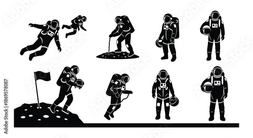 Astronaut silhouettes engaged in various activities on a lunar surface