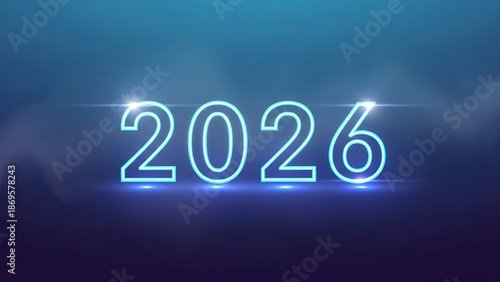 Glowing neon light art of the year 2026 against dark blue background with smoke effect