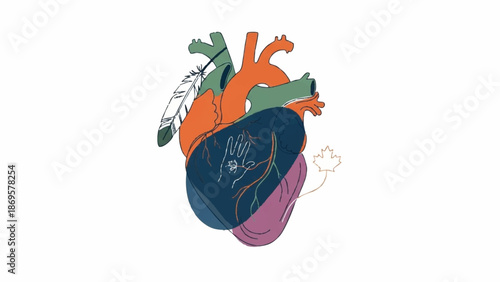 Stylized anatomical heart with tribal elements and feathers.