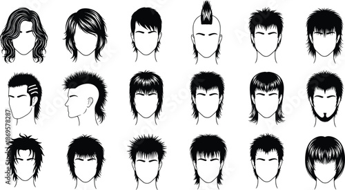 Men hairstyle collection silhouette, modern trendy haircuts set illustration vector barber salon fashion grooming style male portrait design