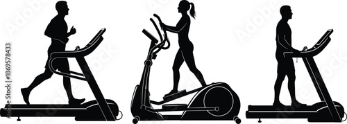 People exercising on treadmill and elliptical, gym fitness workout silhouettes, cardio training equipment illustration vector healthy lifestyle concept strength endurance