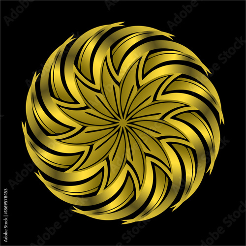 A radiant golden spiral weaves symmetry and motion, symbolizing prosperity, continuity, refined power, elegance, and timeless balance within darkness.