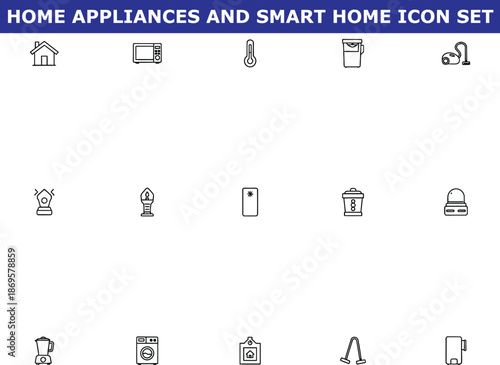 A collection of home appliances and smart home icons on a clean white background