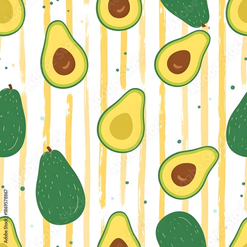 Cute avocado halves & wholes, illustrated on white w/ yellow stripes & green specks; vibrant, fresh, cheerful