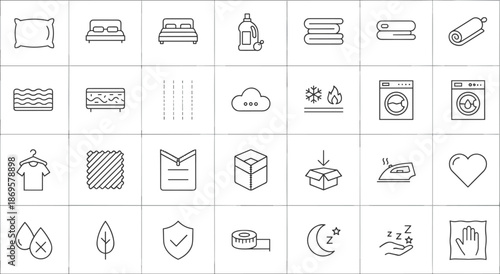 Bedding icons, laundry care, pillow, mattress, detergent, towel, fabric, softness, eco-friendly, comfort, sleep, textile, black and white